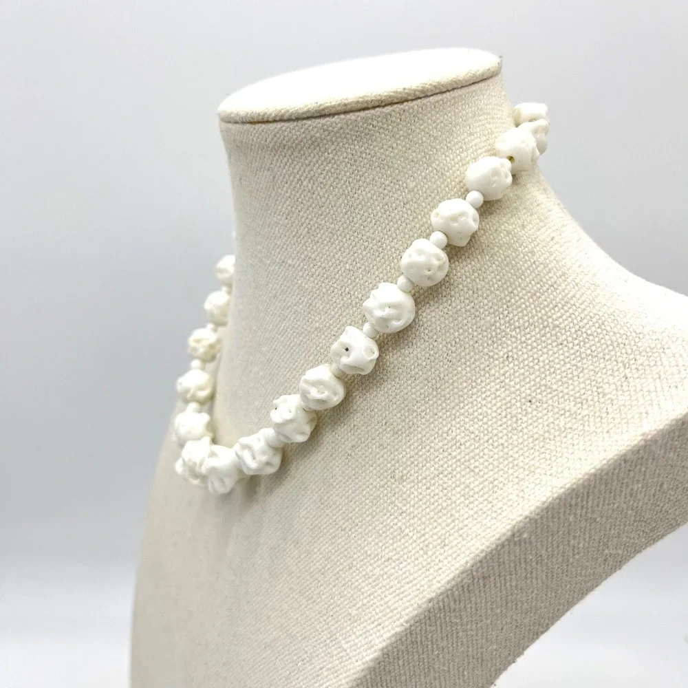 Vintage Carved White Bead‎ Necklace 14 Inch Graduated Gothic Statement